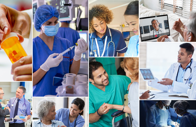 Industry specialties collage of hospital staffing, search, and technology header mobile