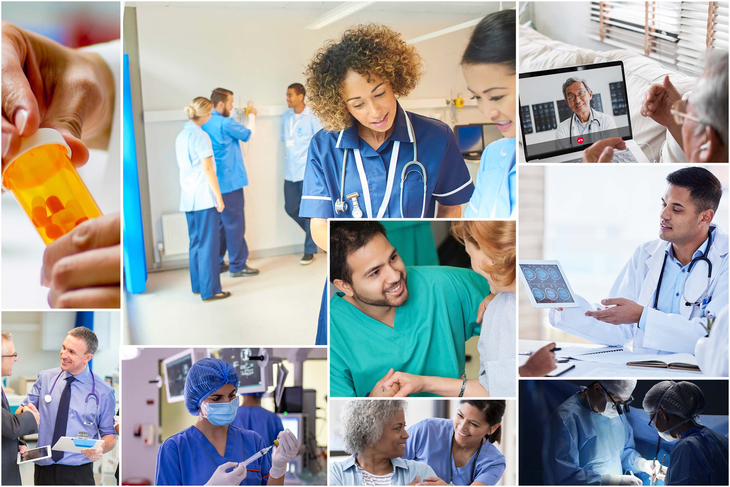 Industry specialties collage of hospital staffing, search, and technology header
